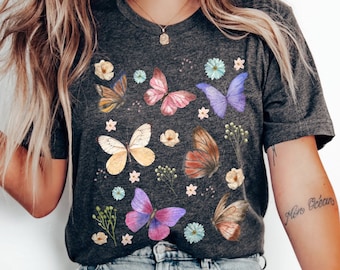 Cottagecore Butterfly T-Shirt: Watercolor Floral Garden Tee