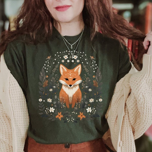 Fox Cottagecore Shirt, Flower TShirt, Forestcore T Shirt, Goblincore T-Shirt, Vintage Short Sleeve Tee, Forest Animal Jersey Tee, Boho Style