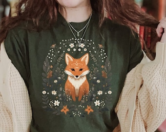 Fox Cottagecore Shirt, Blumen TShirt, Forestcore T-Shirt, Goblincore T-Shirt, Vintage Kurzarm T-Shirt, Waldtier Jersey T-Shirt, Boho Style