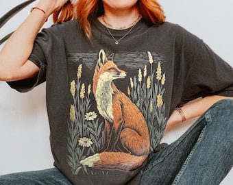 Linocut Fox Wildflower Field T-Shirt, Vintage Cottagecore Comfort Colors Tee