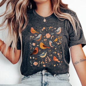 Cute Bird Cottagecore Aesthetic TShirt, Boho Style Birdie Shirt, Vintage Floral T-Shirt, Botanical Tee, Gift for Her, Mother's Day Gift