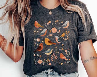 Cute Bird Cottagecore Aesthetic TShirt, Boho Style Birdie Shirt, Vintage Floral T-Shirt, Botanical Tee, Gift for Her, Mother&#39;s Day Gift