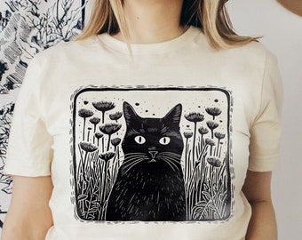 Vintage Floral Folklore Black Cat Tshirt, Cottagecore Aesthetic Shirt, Linoprint T-Shirt, Cat Lover Tee, Folk Art Animal Shirt Gift for her