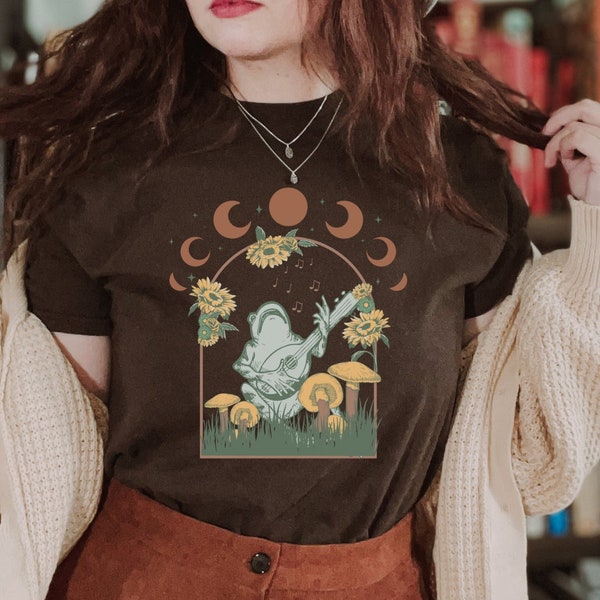 Rana tocando camiseta Banjo, camiseta estética Cottagecore, camiseta de seta de sapo de fase lunar celestial Camiseta oscura Academia Camiseta Forestcore
