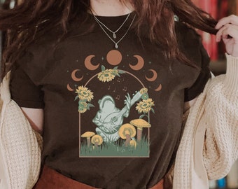 Cottagecore Frog Banjo T-Shirt: Celestial Moon Phase, Dark Academia