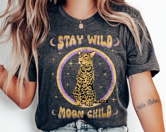 Stay Wild Moon Child Leopard T-Shirt, Celestial Boho Y2K Tee