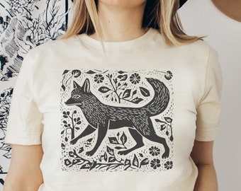 vintage t-shirt folklore renard, chemise esthétique cottagecore, t-shirt linoprint, t-shirt faune, chemise animaux de la forêt