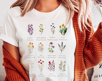 Trockenblumen Herbarium T-Shirt, Gepresste Blumen T-Shirt, Cottagecore Shirt, Wildblumen T-Shirt Vintage Wiese Blumen Tee Grüne Hexe Tee