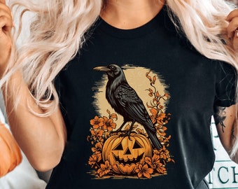 Raven Pumpkin Halloween T-Shirt: Spooky Crow Fall Tee