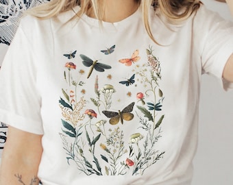 Botanical Dragonfly T-Shirt: Cottagecore Pressed Wildflower Moth Tee