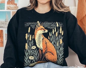 Sudadera Linocut Fox, estilo vintage cottagecore forestcore con cuello redondo.
