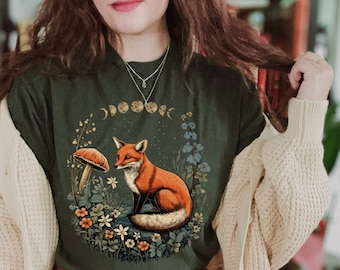 Vintage Celestial Fox T-shirt, månfaser T-shirt, Whimsigoth botanisk skjorta