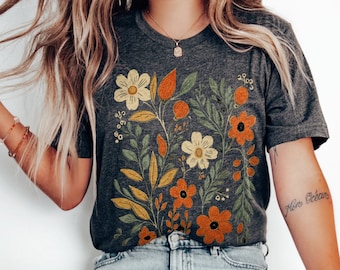 Chemise rétro pressée fleurs sauvages, t-shirt à fleurs Art nouveau, chemise bohème à fleurs, t-shirt à fleurs vintage, t-shirt botanique Cottagecore