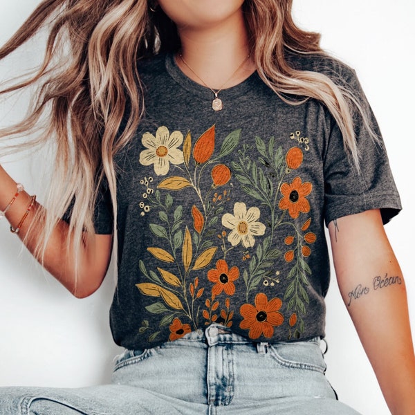 Retro gepresstes Wildblumen Hemd, Jugendstil-Blumen-T-Shirt, Boho-Blumen-Hemd, Vintage-Blumen-T-Shirt, Cottagecore botanisches T-Shirt