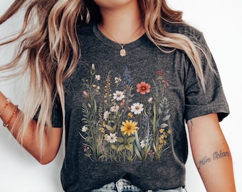 Wildflower Watercolor T-Shirt, Cottagecore Botanical Garden Tee