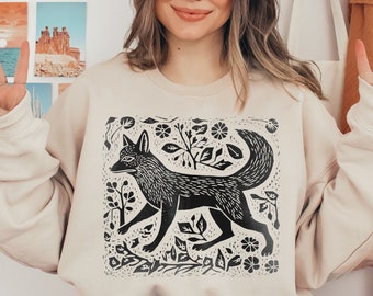 Felpa Vintage Fox: Pullover con stampa in lino Cottagecore