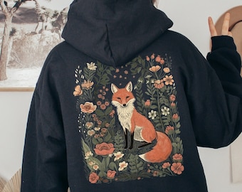 Vintage Cute Fox in Wildflower Meadow Back Print Hoodie, Cozy Cottagecore Folklore Sweater, Fairycore Pullover, Forestcore Hoodie