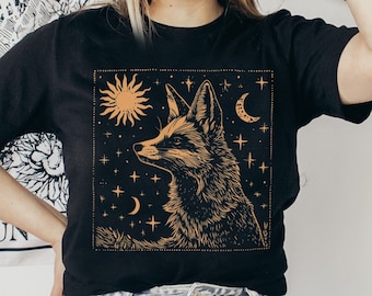 Vintage Celestial Fox T-Shirt: Sun, Moon, Stars Boho Tee