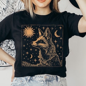 Vintage Celestial Fox T-Shirt: Sun, Moon, Stars Boho Tee