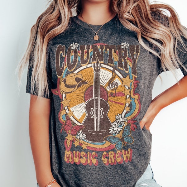 Vintage Country Music Crew TShirt, Boho Shirt, Nashville Concert T-Shirt, Retro Concert Tee, Grunge Shirt, Cowgirl Western Tee