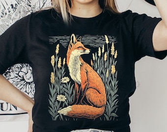 Linocut Fox Wildflower Field T-Shirt, Cottagecore Forest Animal Tee