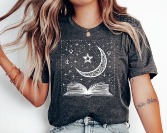 Celestial Book T-Shirt, Dark Academia Moon Stars Tee, Witchy Reading Shirt