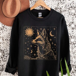 Celestial Fox Sweatshirt: Sun & Moon Mystical Folk Art
