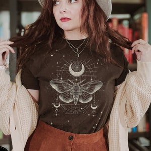 Whimsigoth Moth Shirt, Celestial Boho TShirt, Geometrical Moth Tee, Goth T-Shirt, Whimsical Gift for Her, Moon Phase Tee, Dark Academia