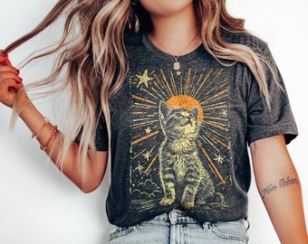 Cat Sunburst T-Shirt, Celestial Folklore Kitty Tee, Grunge Whimsigoth