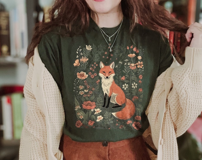 Flower Fox T-Shirt, Wildflower Meadow Tee, Cottagecore Forestcore Shirt