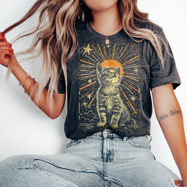 Cute Cat Sunburst Boho Shirt, Celestial Folklore Kitty TShirt, Alternative Grunge T-Shirt, Cat Lover Gift For Women, Whimsigoth Tee