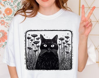 Vintage Black Cat T-Shirt: Floral Folklore Linoprint Style, Comfort Colors
