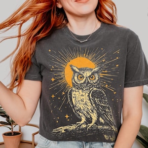 Vintage Celestial Owl T-Shirt, Linocut Style Comfort Colors Tee