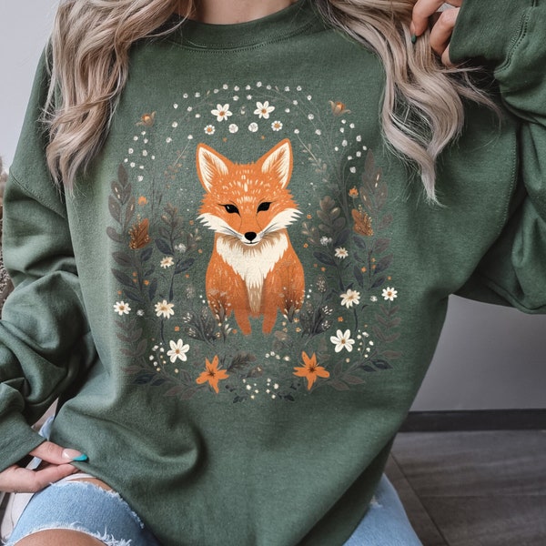 Cozy Cute Fox Cottagecore Sweatshirt, Vintage Forest Witch Aesthetic Sweater, Forestcore Pullover, Woodland Wildlife Animal, Boho Crew Neck