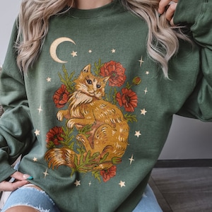 Vintage Cottagecore kattentrui met ronde hals, schattige bloementrui, trui met hemelse heks, trui huisdiereigenaar cadeau, shirt kattenliefhebber, shirt kattenliefhebber