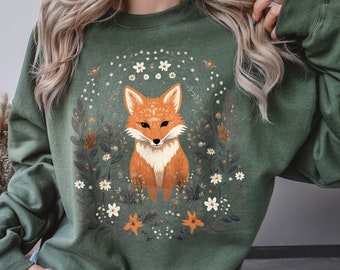 Cozy Cute Fox Cottagecore Sweatshirt, Vintage Forest Witch Aesthetic Sweater, Forestcore Pullover, Woodland Wildlife Animal, Boho Crew Neck
