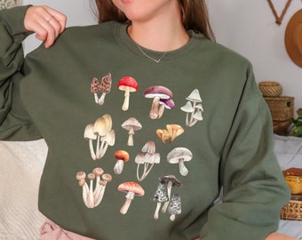 Vintage Pilz Sweatshirt: Cottagecore Mykologie Pullover, Erdiges Grün Hexe Geschenk