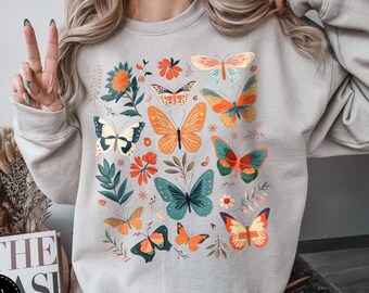 Vintage Boho Schmetterling Sweatshirt, Cottagecore Ästhetik Pullover, süße Schmetterlinge Shirt Motte Crew Botanisches Geschenk für Sie Retro Hippie Chic