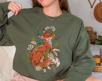Forest Fox Sweatshirt, Floral Woodland Animal Pullover