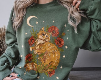 vintage cat × fish × flower sweat Vintage Cat Sweater Floral Hearts Kitty Cat Kitten Pattern Womens