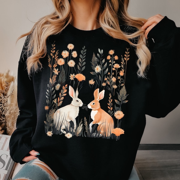Cozy Fall Cottagecore Rabbit Sweatshirt, Fairycore Sweater, Vintage Hare Shirt, Witchy Bunny Pullover, Sweet Bunnies, Forestcore, Goblincore