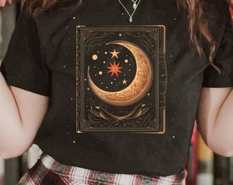 Celestial Book T-Shirt: Moon & Stars Cottagecore Tee