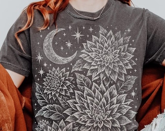 Dahlia Linocut Shirt, Boho Moon ans Stars Floral Cottagecore Tee