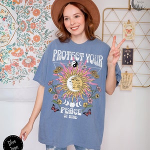 Protégez votre chemise Peace, T-shirt épais couleurs confort, chemise bohème, cadeau pour ado, chemise chrétienne, t-shirt vintage, t-shirt hippie, chemise rétro Blue Jean