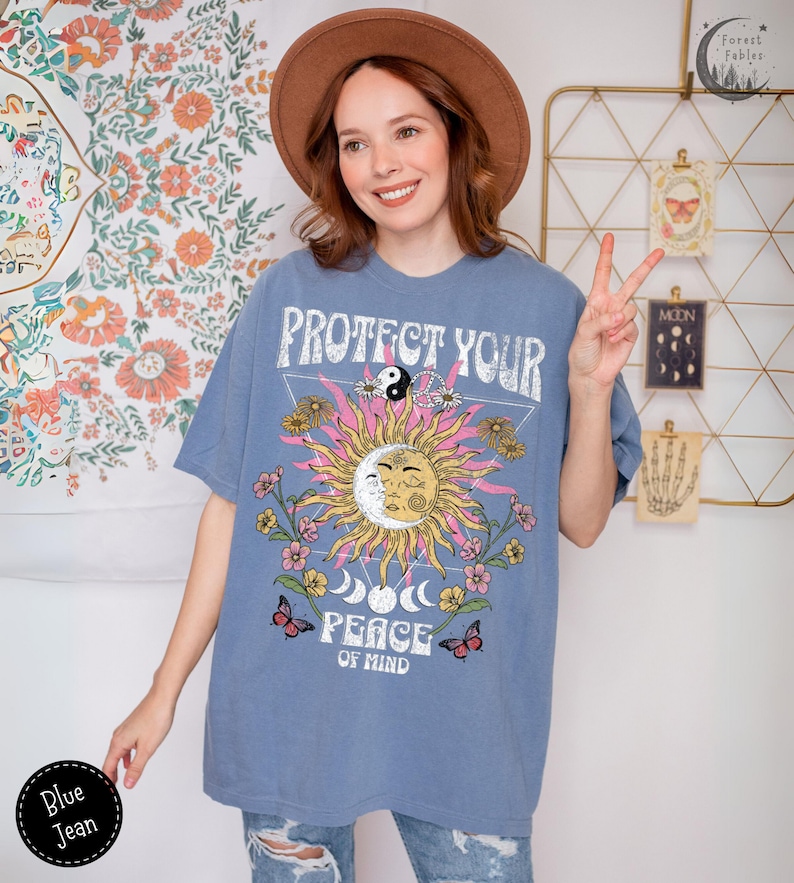 Protégez votre chemise Peace, T-shirt épais couleurs confort, chemise bohème, cadeau pour ado, chemise chrétienne, t-shirt vintage, t-shirt hippie, chemise rétro Blue Jean