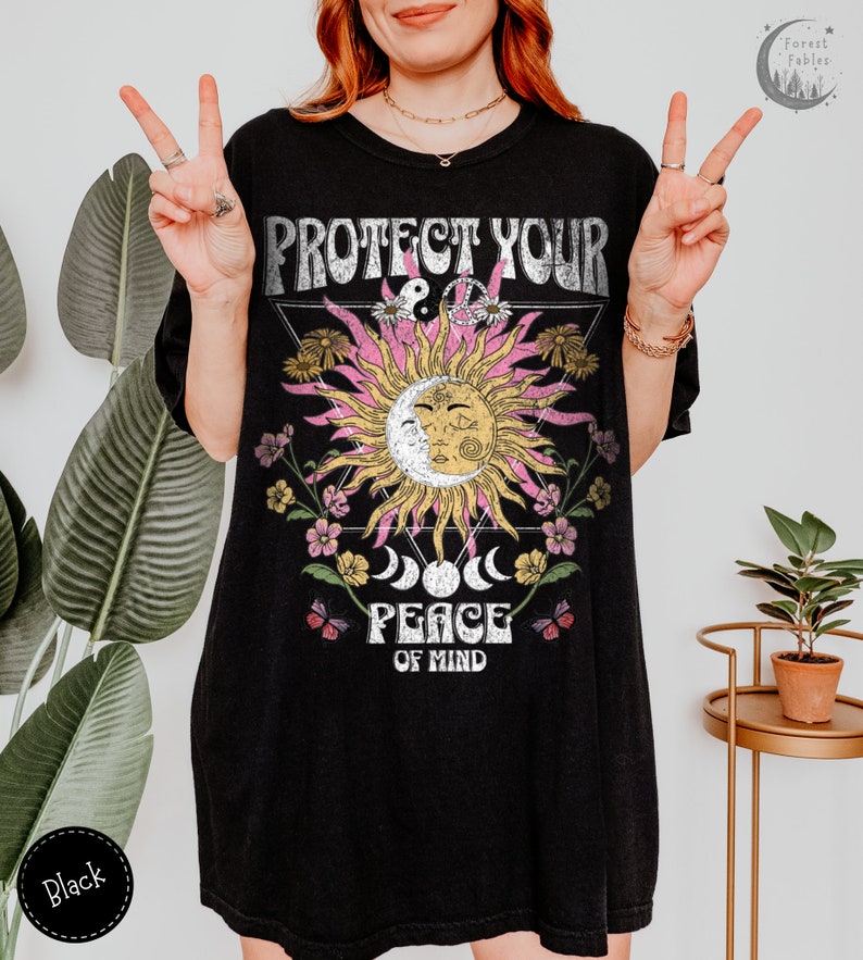 Protégez votre chemise Peace, T-shirt épais couleurs confort, chemise bohème, cadeau pour ado, chemise chrétienne, t-shirt vintage, t-shirt hippie, chemise rétro Noir