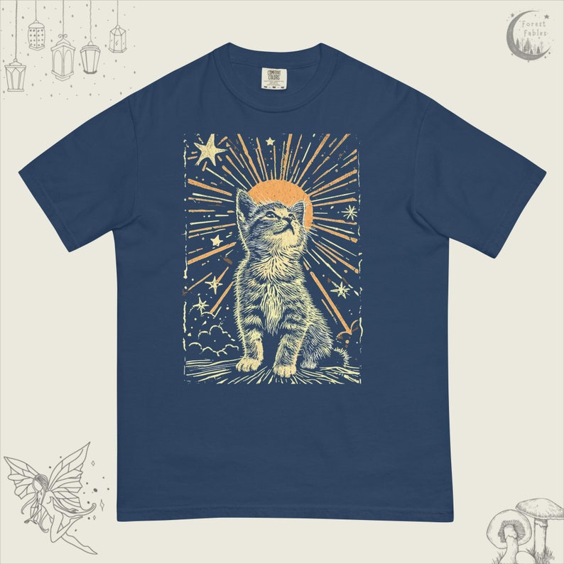 Cute Boho Cat Shirt, Comfort Colors Heavyweight Tee, Sunburst Kitty TShirt, Alternative Grunge T-Shirt, Cat Lover Gift For Women, Whimsigoth