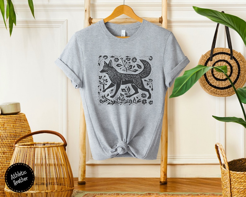 Vintage Folklore Fox Tshirt, Cottagecore Aesthetic Shirt, Linoprint T-Shirt, Wildlife Tee, Forest Animal Shirt Athletic Heather