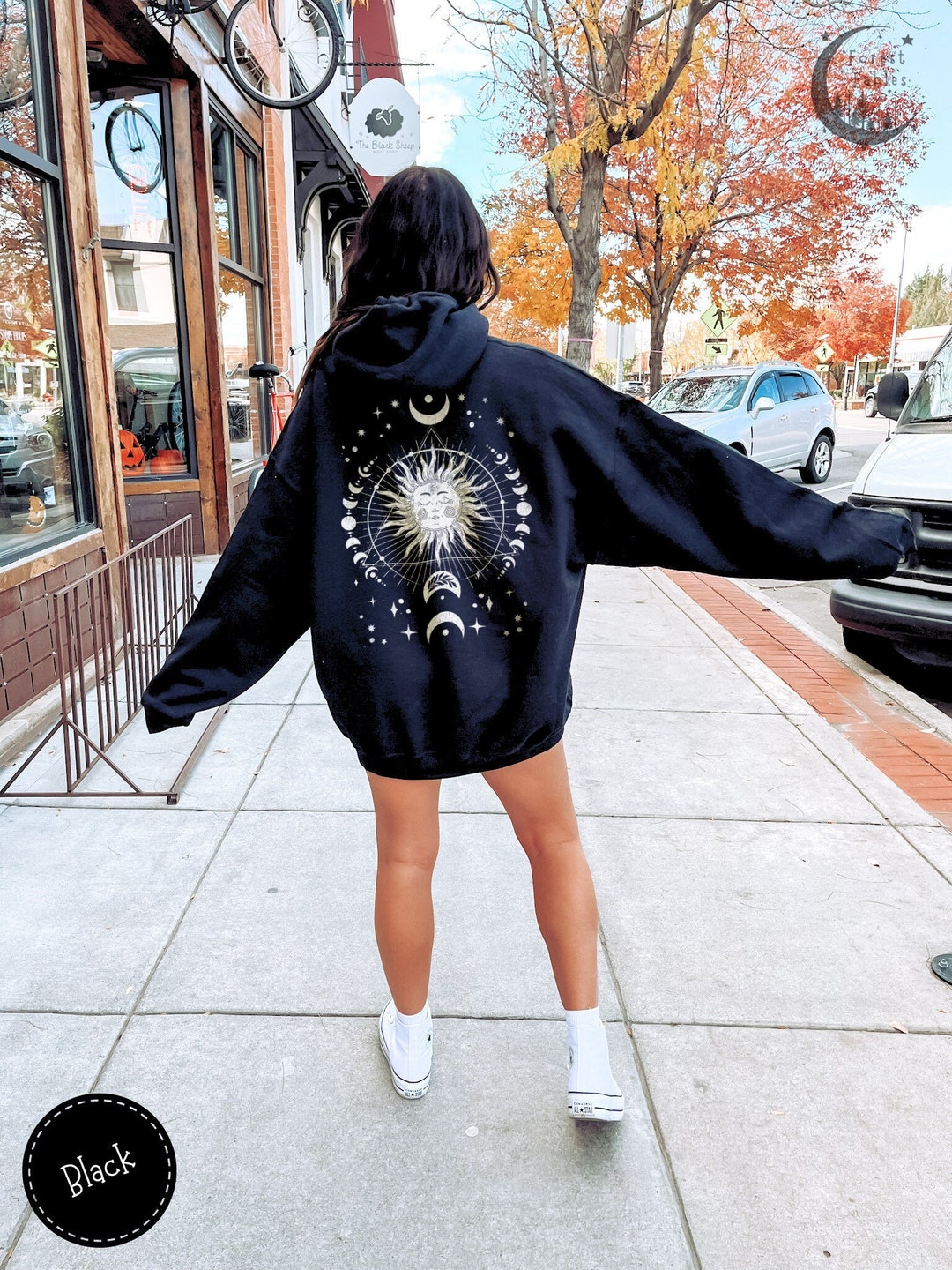 Celestial Boho Sun & Moon Phase Hoodie, Back Print Whimsigoth