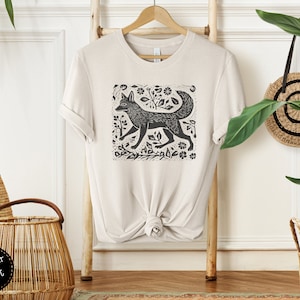 Vintage Folklore Fox Tshirt, Cottagecore Aesthetic Shirt, Linoprint T-Shirt, Wildlife Tee, Forest Animal Shirt Heather Dust